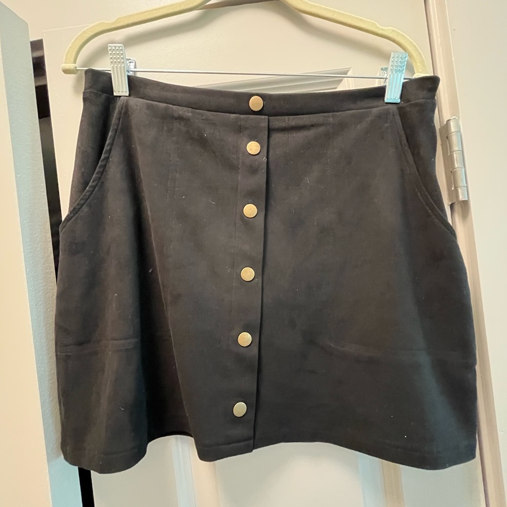 Black Button-Front Suede Mini-Skirt